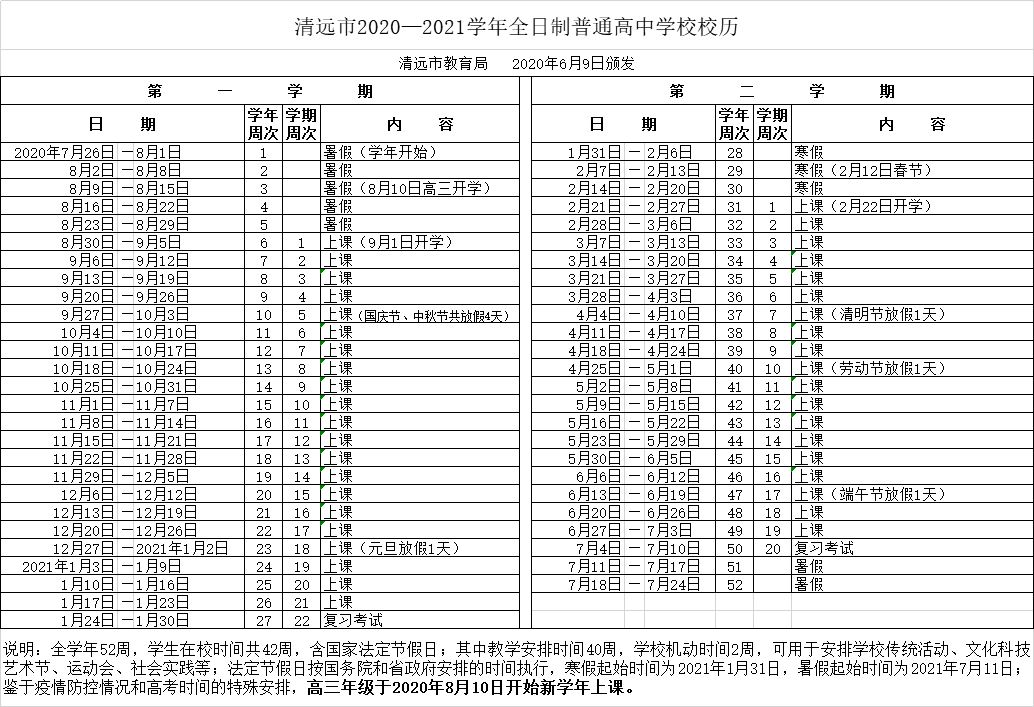 2020清遠中小學(xué)校歷