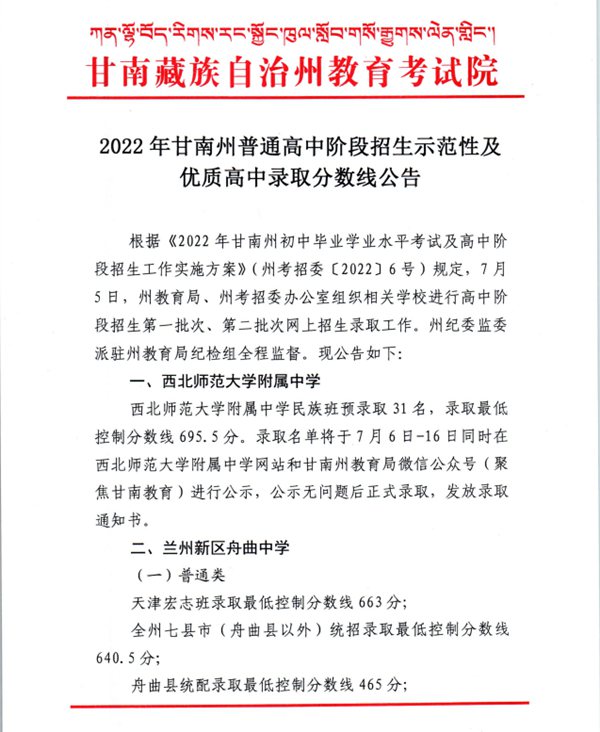 2022年甘南中考錄取分?jǐn)?shù)線,甘南市各高中錄取分?jǐn)?shù)線一覽表