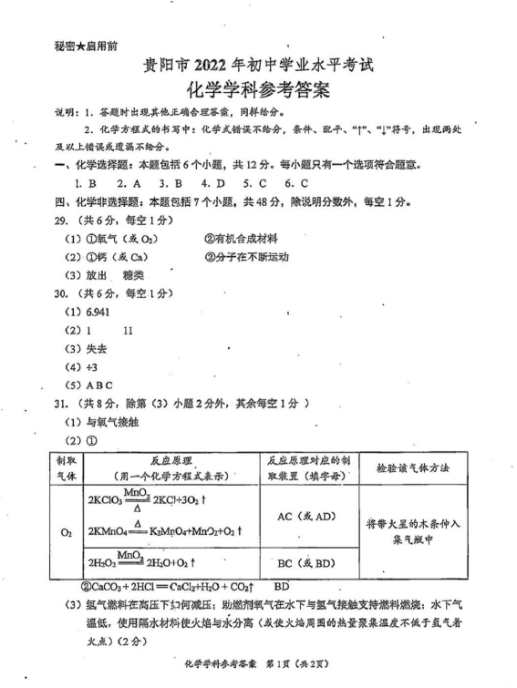 2023年貴陽市中考化學試卷真題及答案