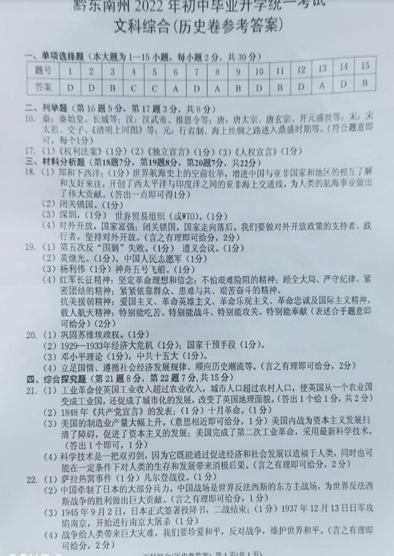 2023年黔東南州中考?xì)v史試卷真題及答案
