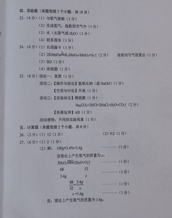 2023年撫順市中考化學試卷真題及答案