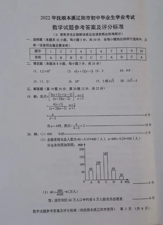 2023年撫順市中考數(shù)學(xué)試卷真題及答案