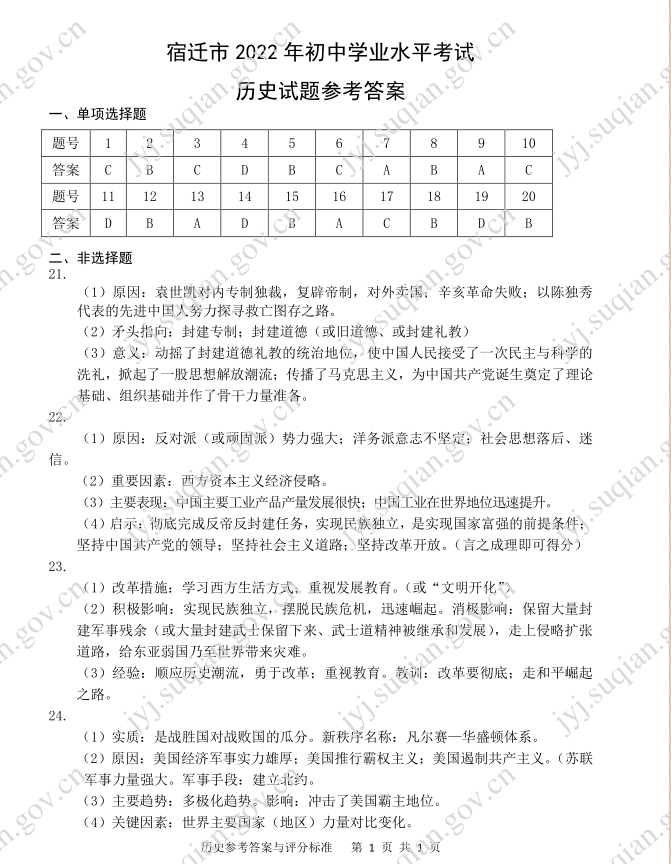 2023年宿遷市中考歷史試卷真題及答案