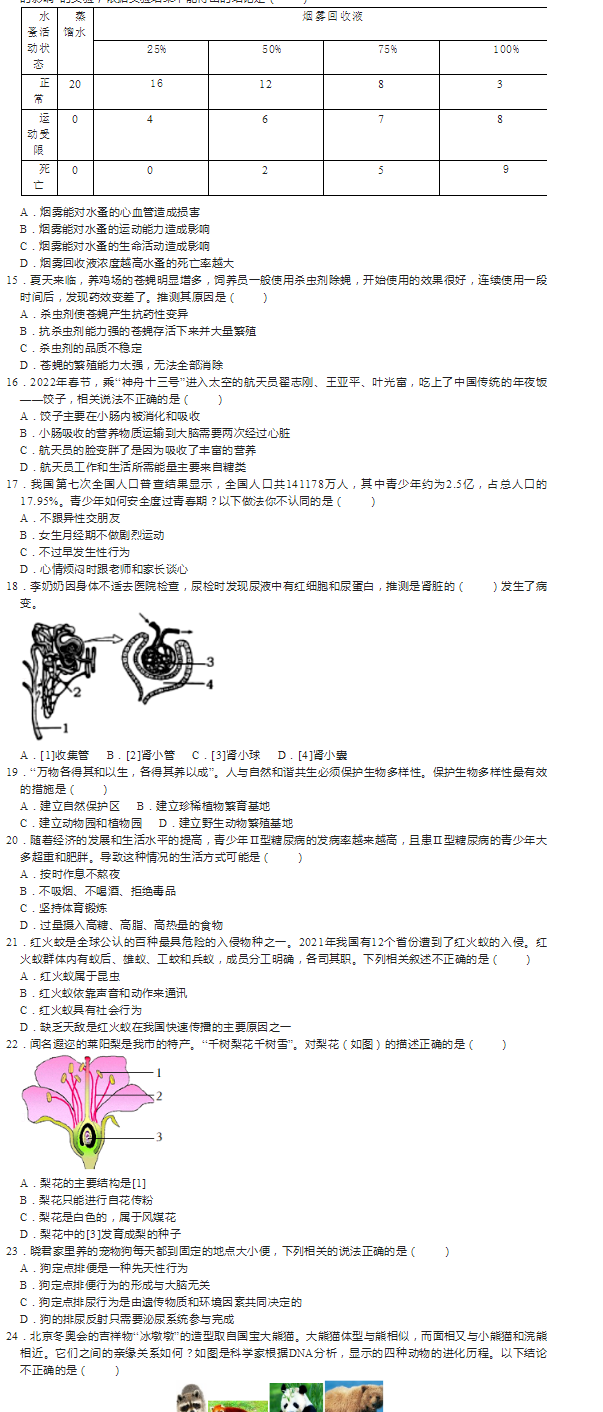 2023年煙臺市中考生物試卷真題及答案
