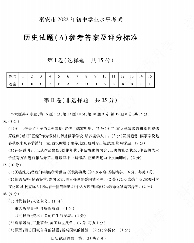 2023年泰安市中考歷史試卷真題及答案