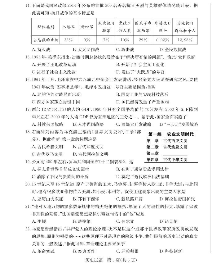 2023年聊城市中考歷史試卷真題及答案