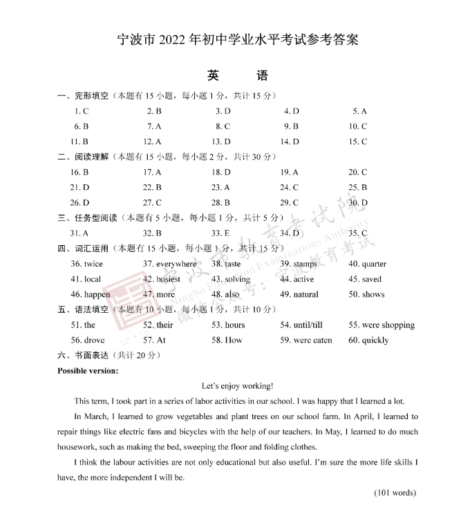 2023年寧波市中考英語(yǔ)試卷真題及答案