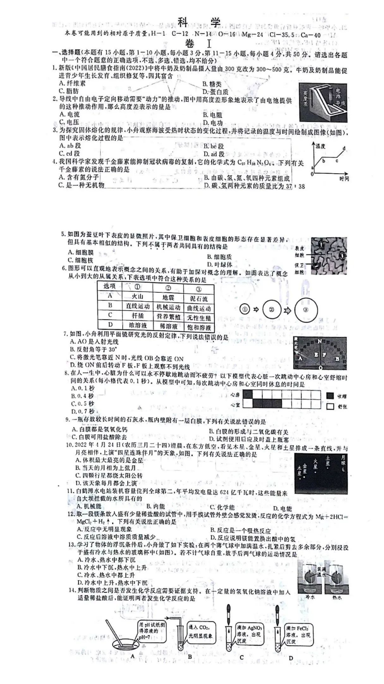 2023年舟山市中考科學試卷真題及答案