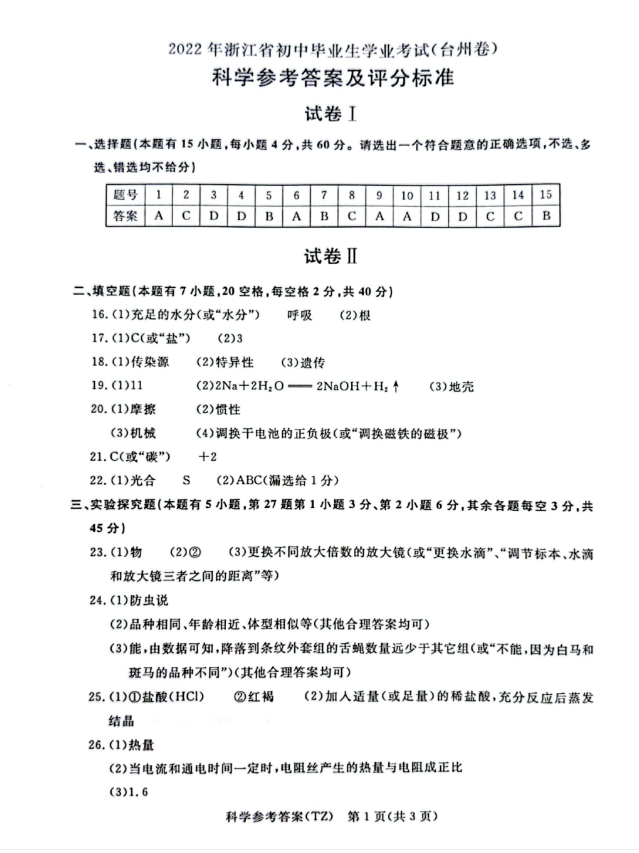 2023年臺州市中考科學(xué)試卷真題及答案