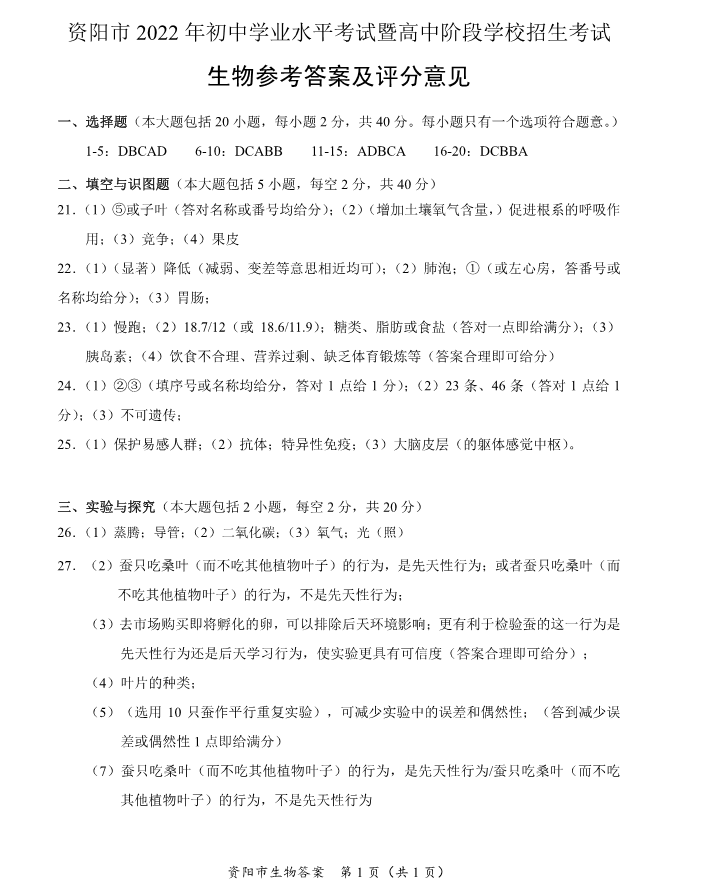 2023年資陽(yáng)市中考生物真題及答案