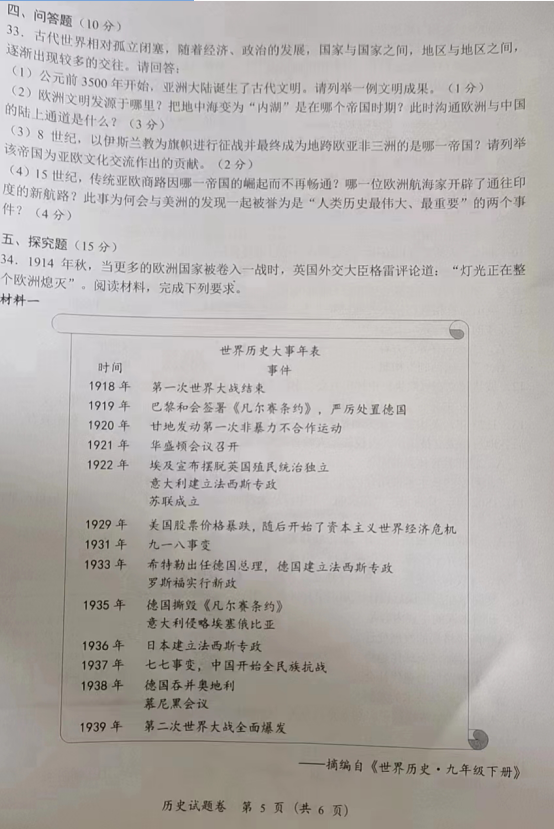 2023年湘潭市中考?xì)v史試卷真題及答案