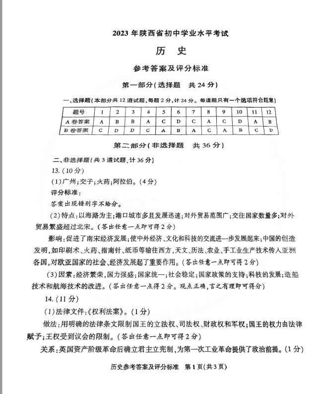 2023年陜西中考?xì)v史試卷真題及答案