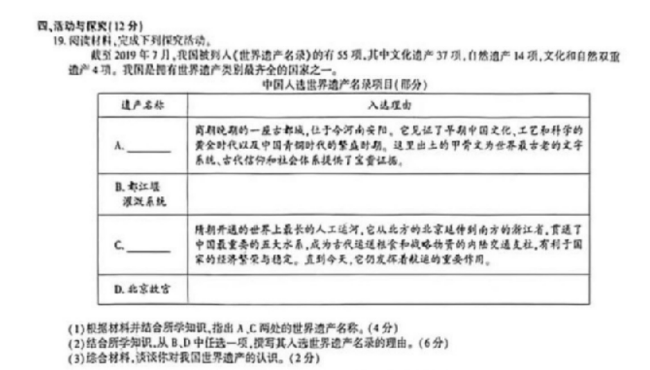 2023年安徽中考歷史試卷真題及答案