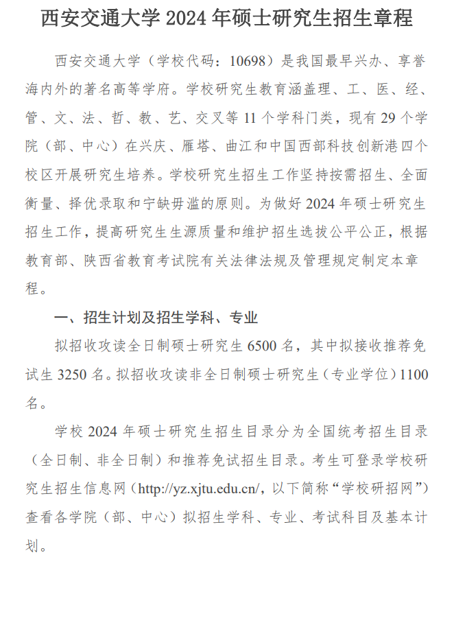 2024年西安交通大學(xué)研究生招生簡章及各專業(yè)招生計劃人數(shù)