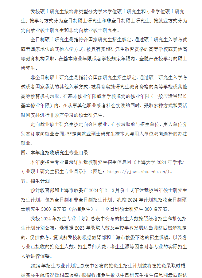 2024年上海大學(xué)研究生招生簡章及各專業(yè)招生計(jì)劃人數(shù)