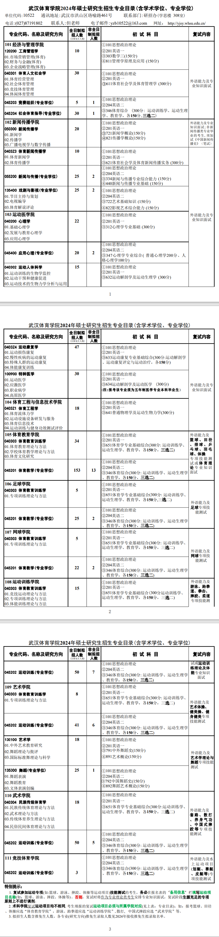 2024年武漢體育學(xué)院研究生招生簡章及各專業(yè)招生計劃人數(shù)