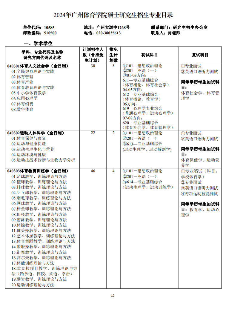 廣州體育學(xué)院2024碩士研究生招生專(zhuān)業(yè)目錄及考試科目