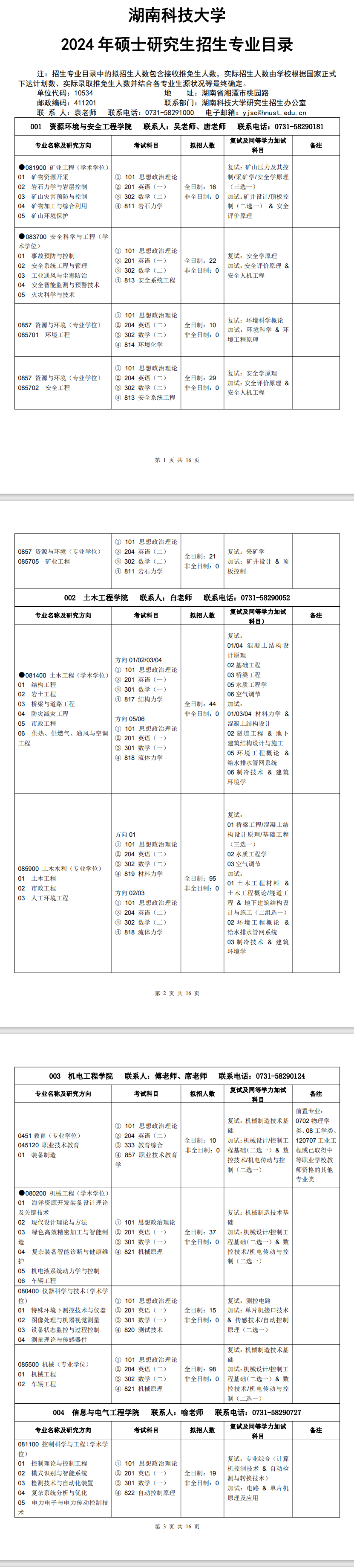 湖南科技大學(xué)2024碩士研究生招生專(zhuān)業(yè)目錄及考試科目