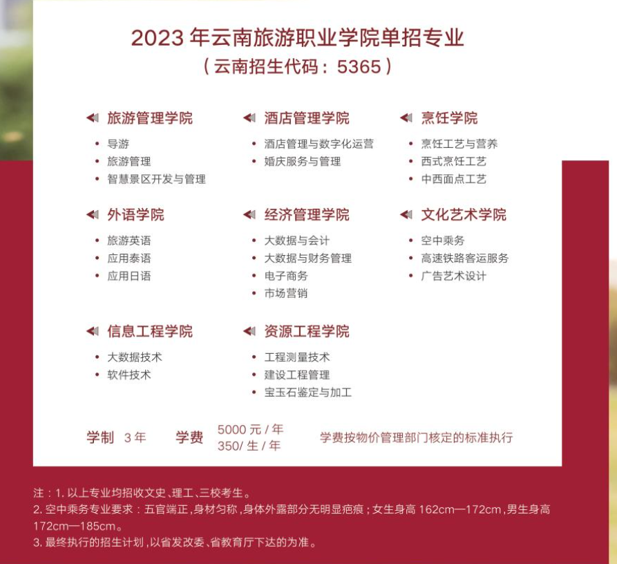 云南旅游職業(yè)學院單招專業(yè)一覽表