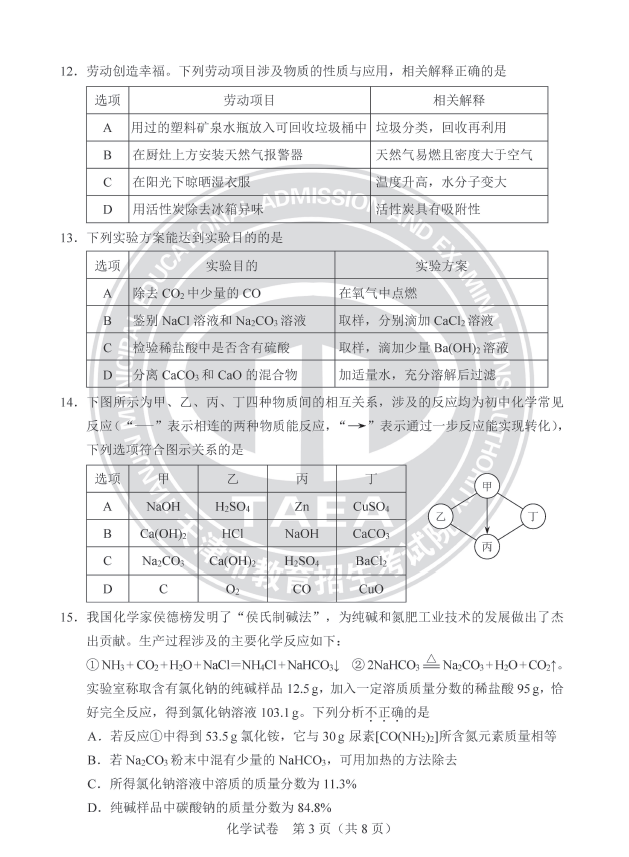2024年天津中考化學試卷真題及答案解析