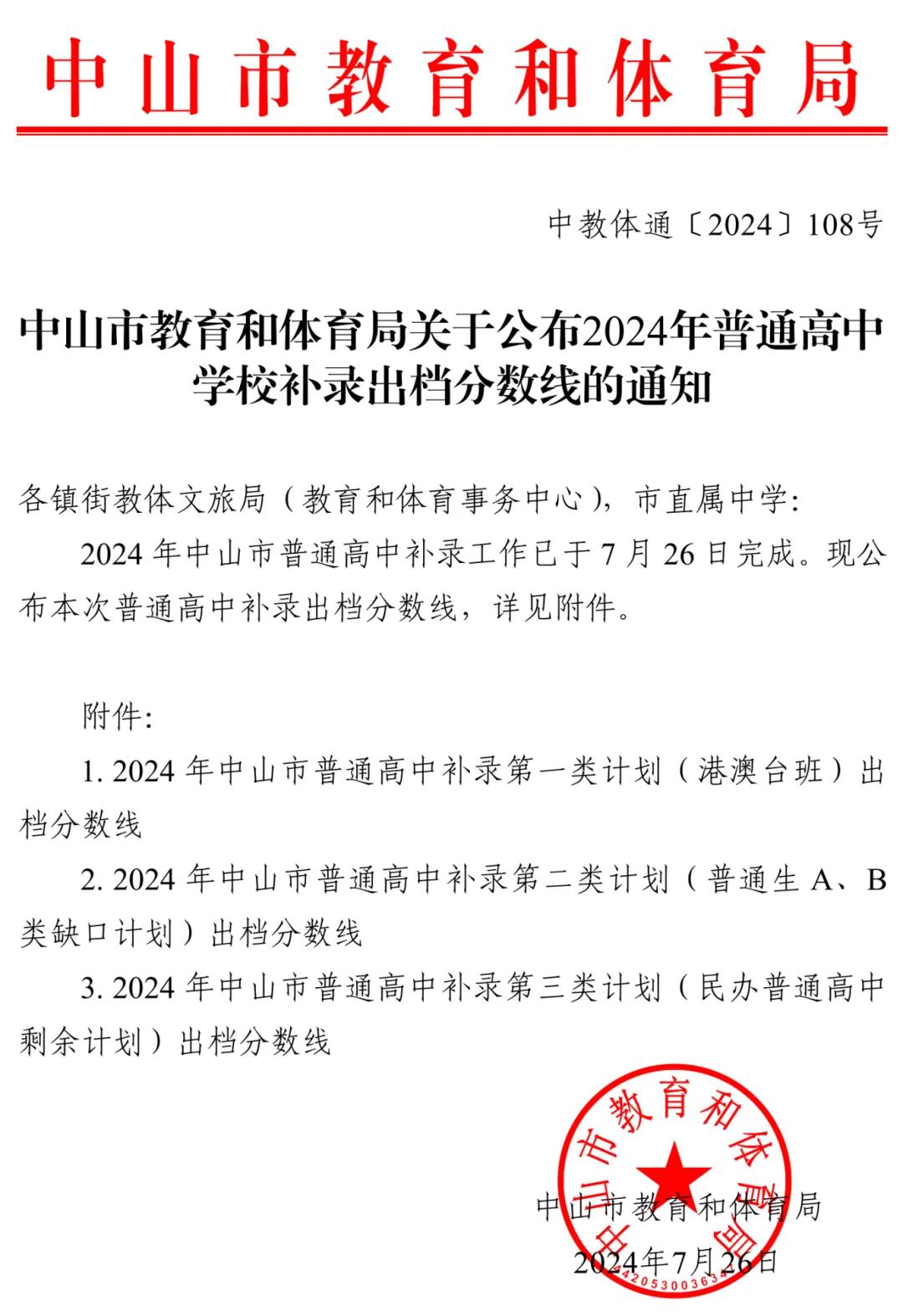2025年中山中考各高中錄取分數(shù)線一覽表