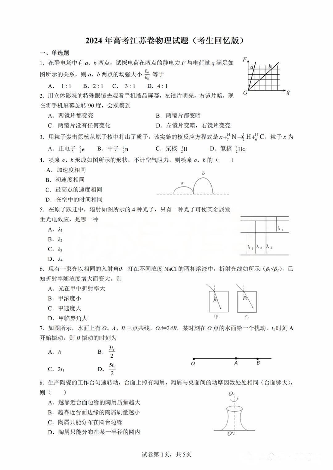 2025年江蘇高考物理試卷真題及答案解析(完整版)